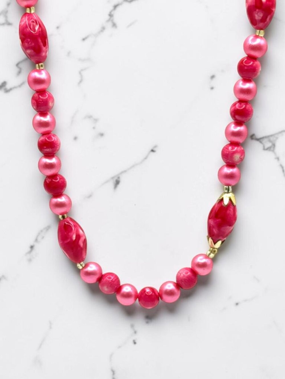 Pink Beaded Long Necklace, Signed Hong Kong